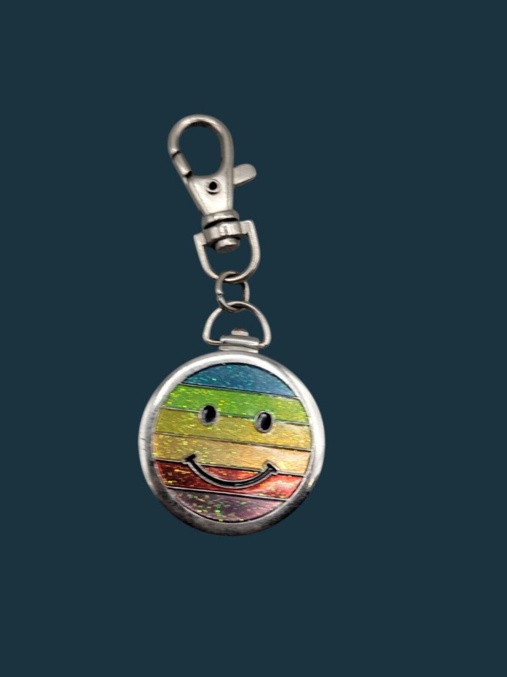 Vtg Prima Donna Keychain Pocket Watch Clip On Rainbow Smiley Face Charm Quartz - Picture 3 of 5